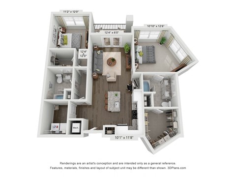 Floor plan for 2 beds, 2 baths, 1155 sqft